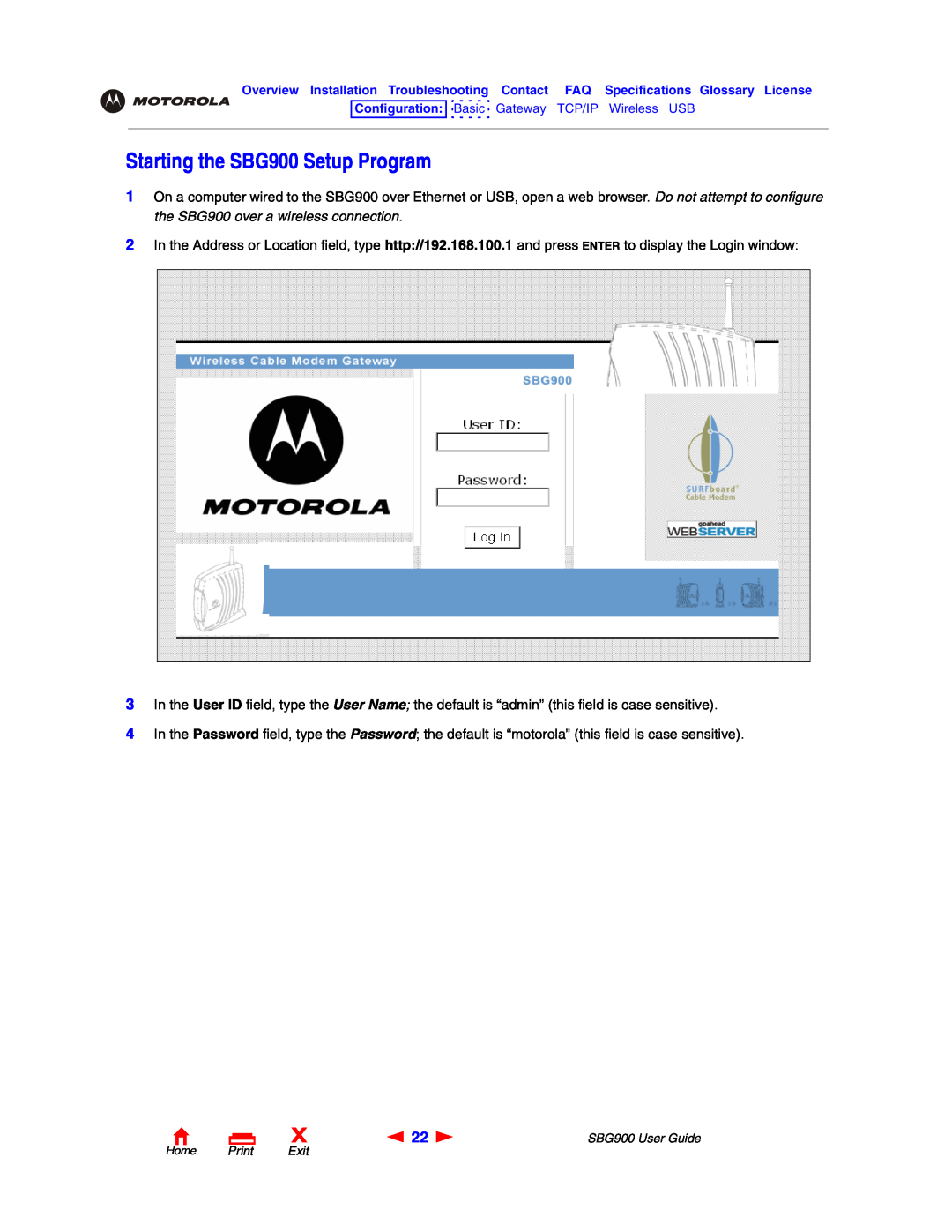 Motorola manual Starting the SBG900 Setup Program 