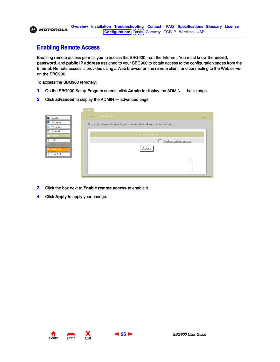 Motorola SBG900 manual Enabling Remote Access 