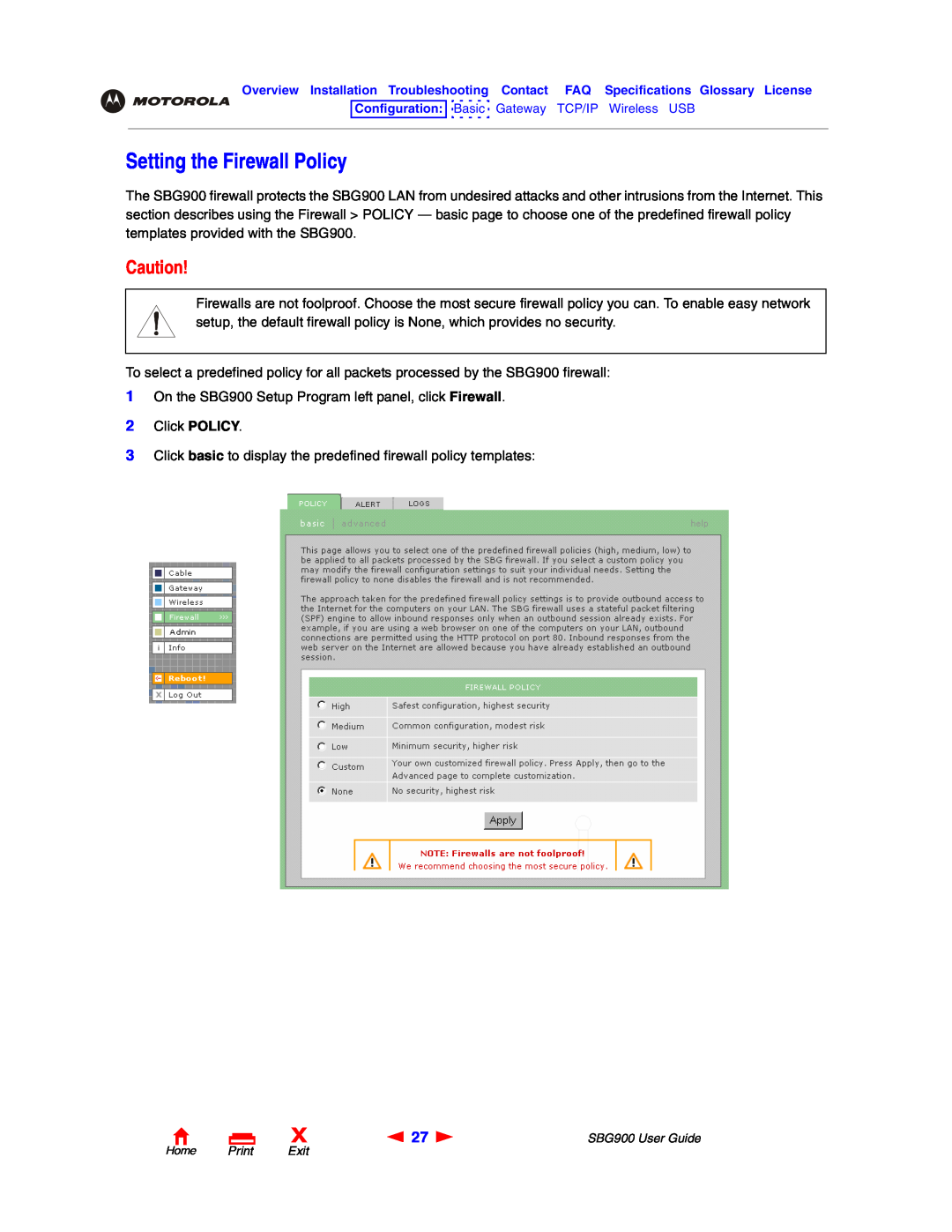 Motorola SBG900 manual Setting the Firewall Policy 