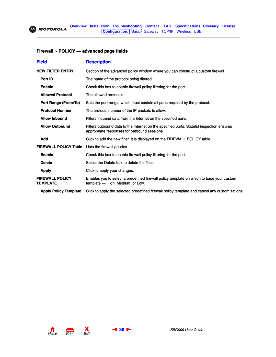 Motorola SBG900 manual Firewall POLICY - advanced page fields, Field, Description, Home Print Exit 