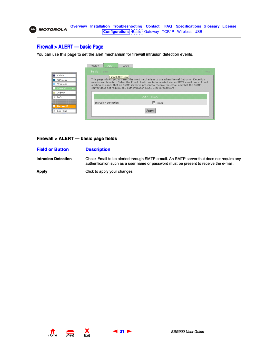 Motorola SBG900 manual Firewall ALERT - basic Page, Firewall ALERT - basic page fields, Field or Button, Description 