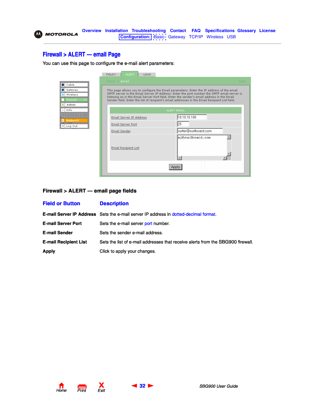 Motorola SBG900 manual Firewall ALERT - email Page, Firewall ALERT - email page fields, Field or Button, Description 