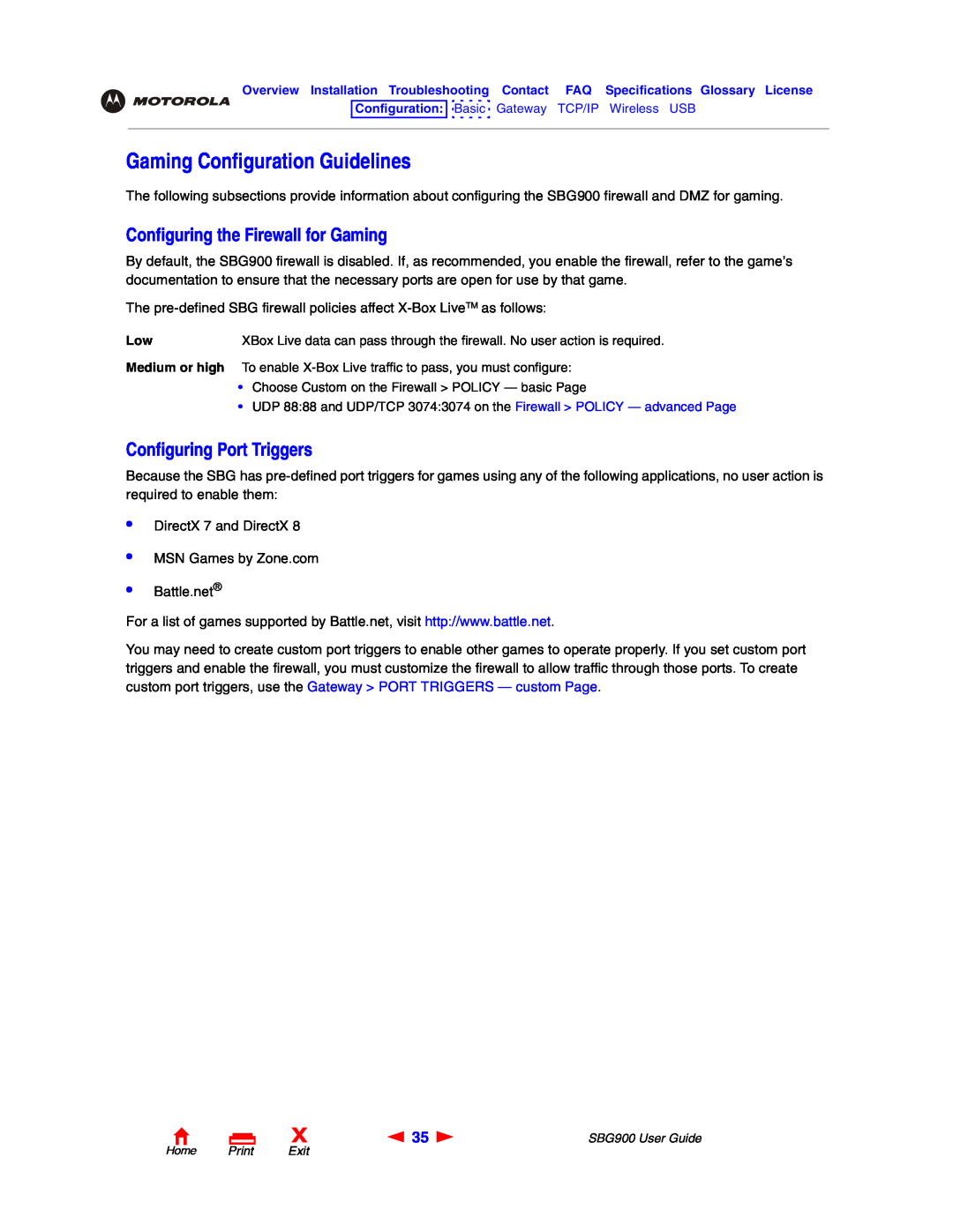 Motorola SBG900 manual Gaming Configuration Guidelines, Configuring the Firewall for Gaming, Configuring Port Triggers 