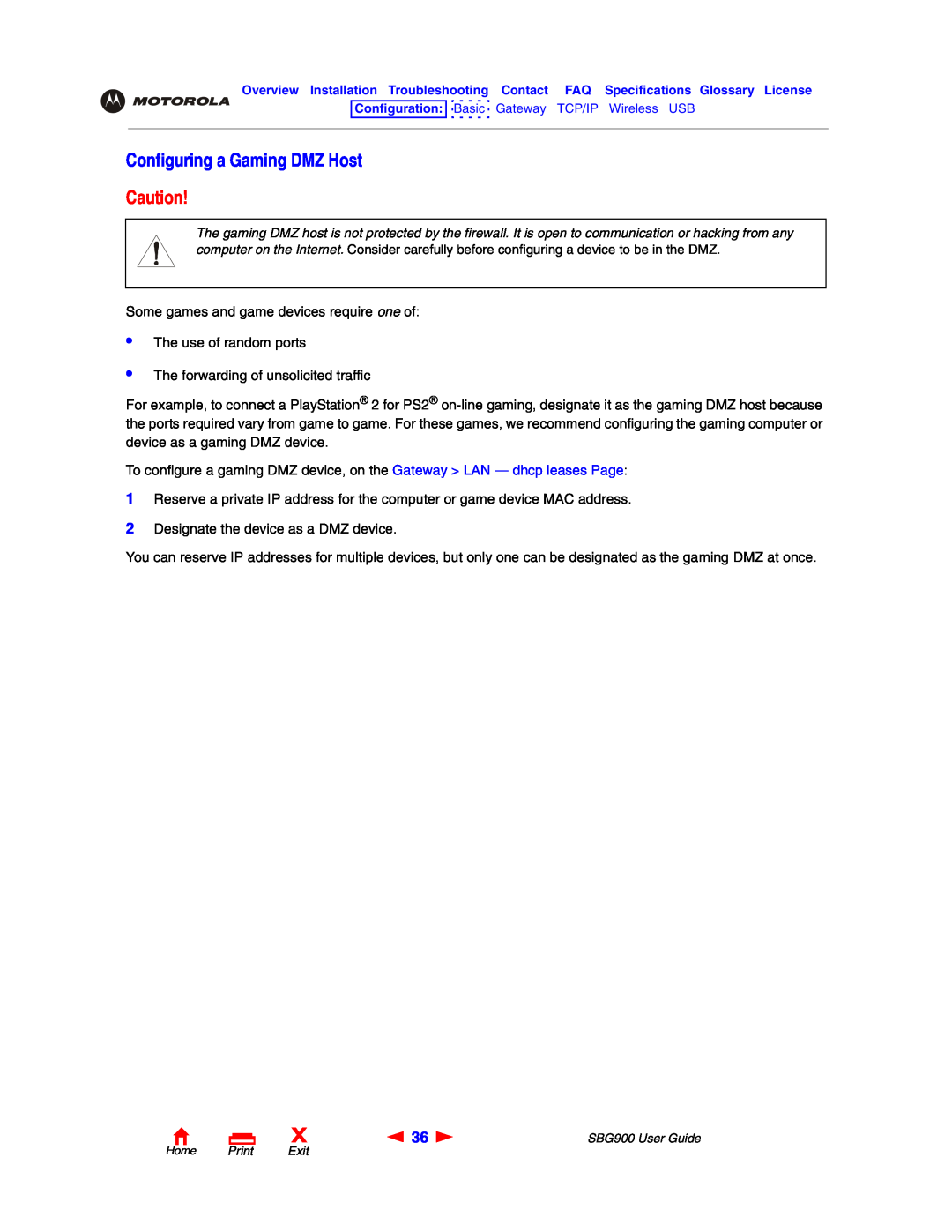 Motorola SBG900 manual Configuring a Gaming DMZ Host 