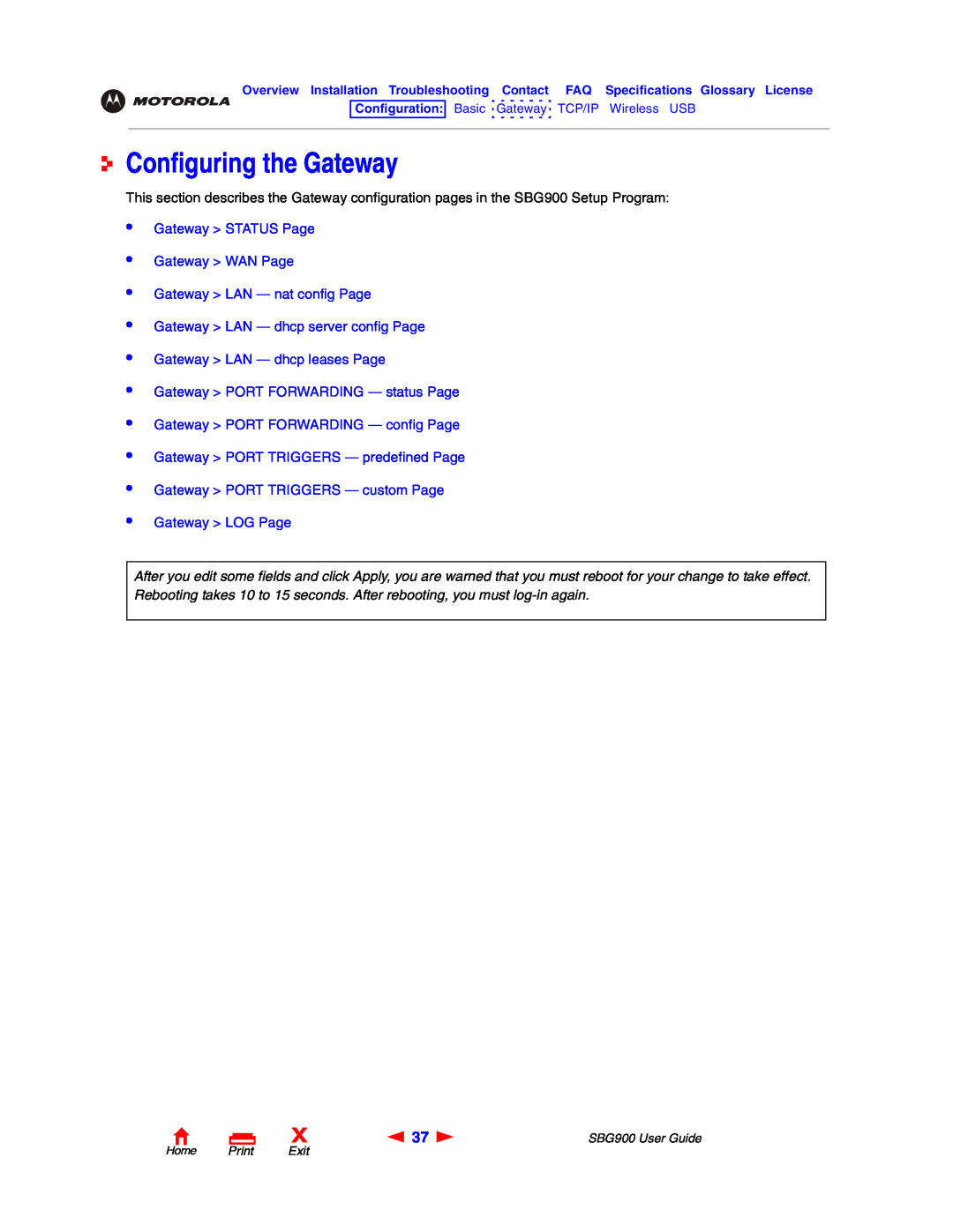 Motorola SBG900 manual Configuring the Gateway, Gateway STATUS Page Gateway WAN Page Gateway LAN - nat config Page 