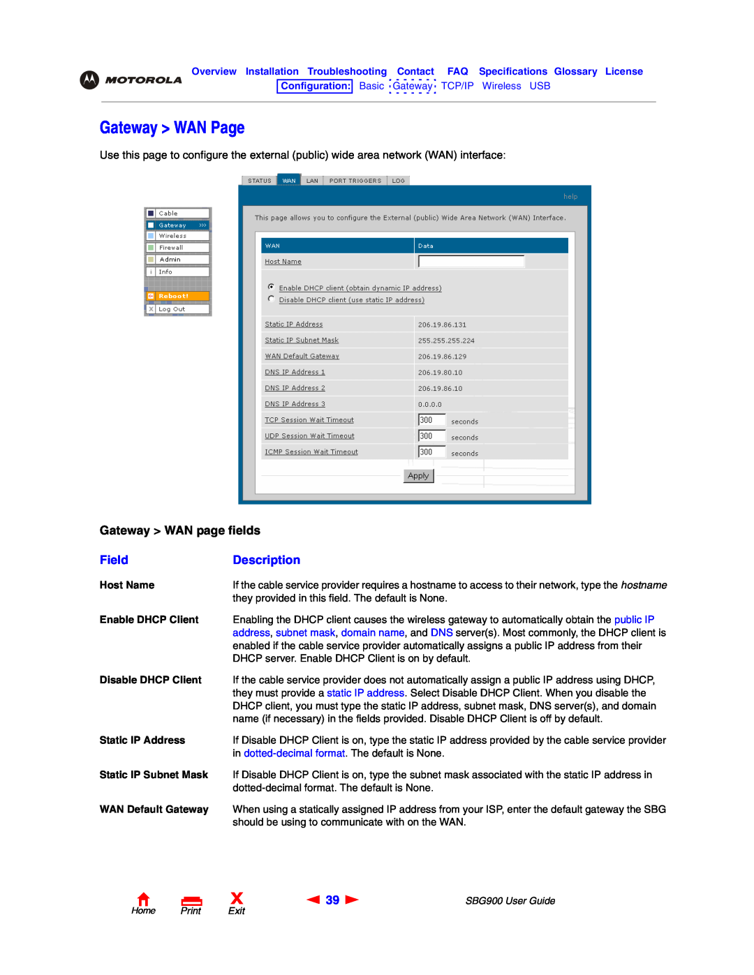 Motorola SBG900 manual Gateway WAN Page, Gateway WAN page fields, Field, Description, Home Print Exit 