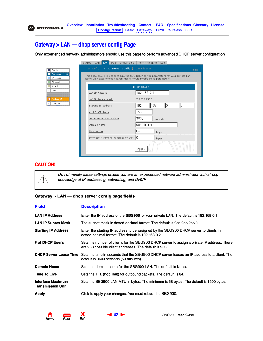 Motorola SBG900 Gateway LAN - dhcp server config Page, Gateway LAN - dhcp server config page fields, Field, Description 