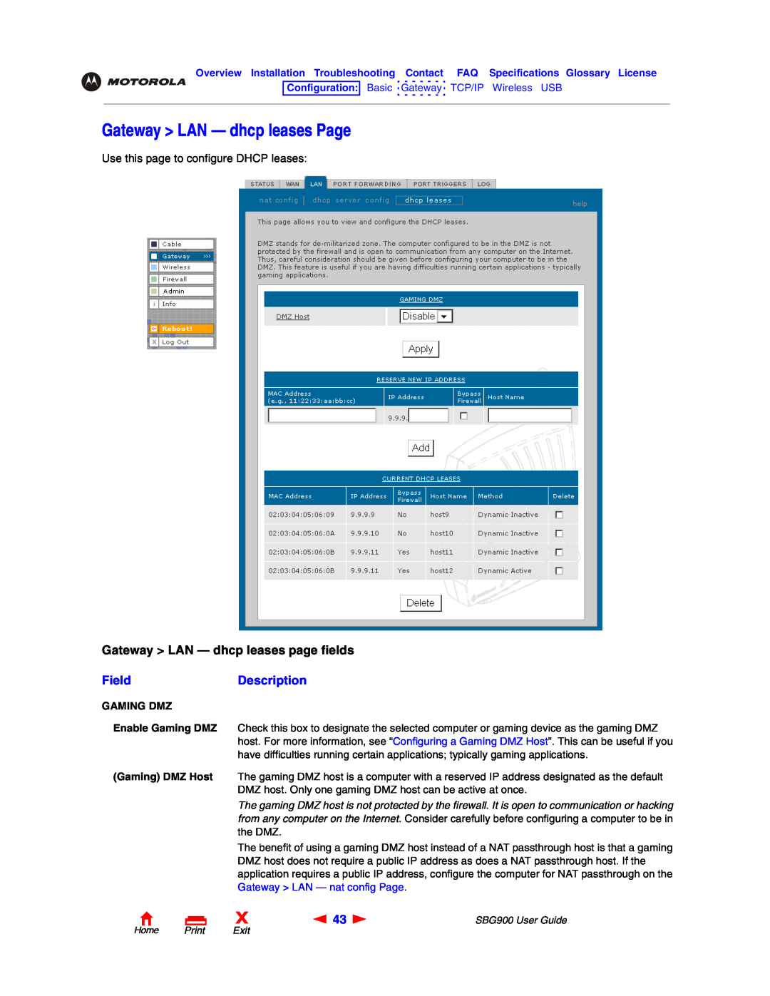 Motorola SBG900 Gateway LAN - dhcp leases Page, Gateway LAN - dhcp leases page fields, FieldDescription, Home Print Exit 