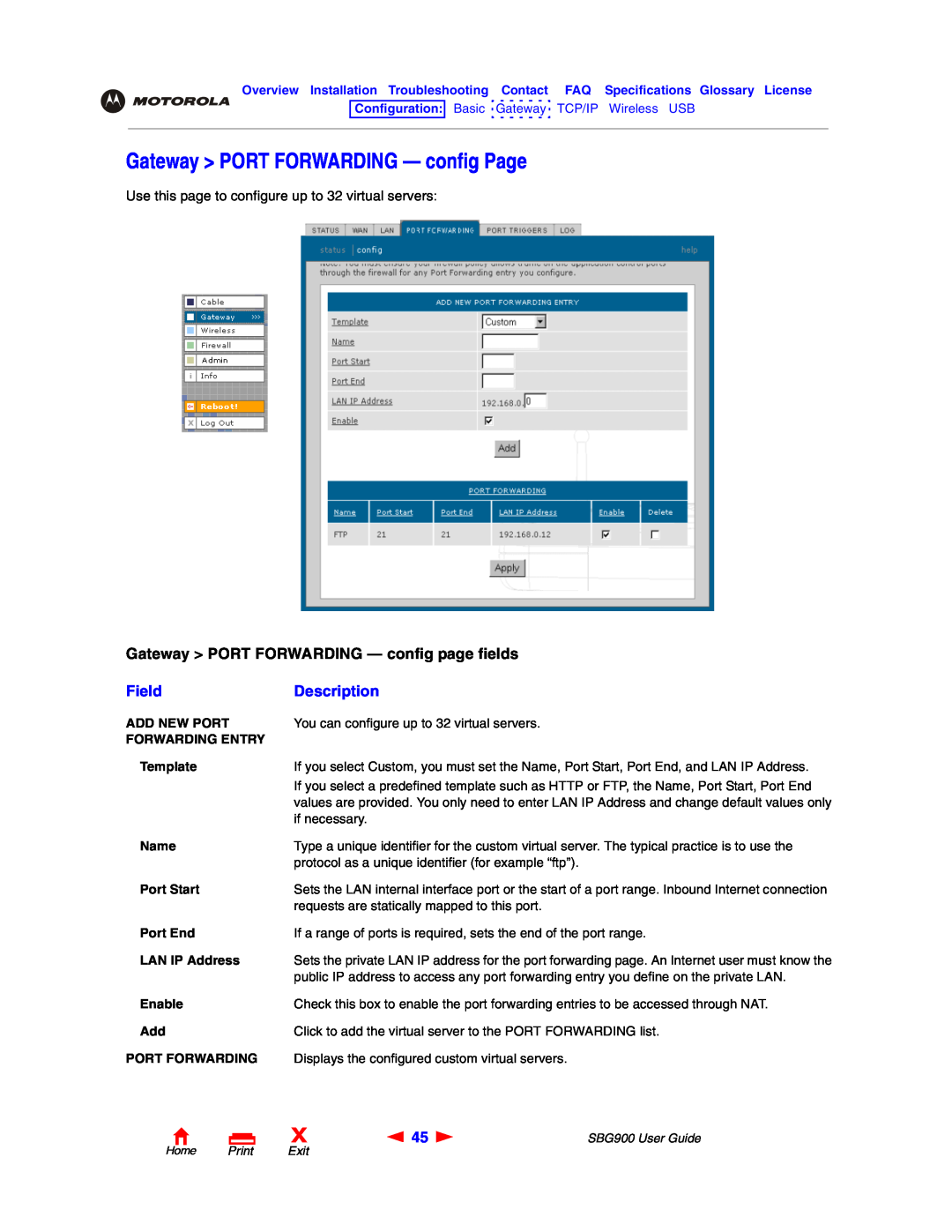 Motorola SBG900 Gateway PORT FORWARDING - config Page, Gateway PORT FORWARDING - config page fields, Field, Description 