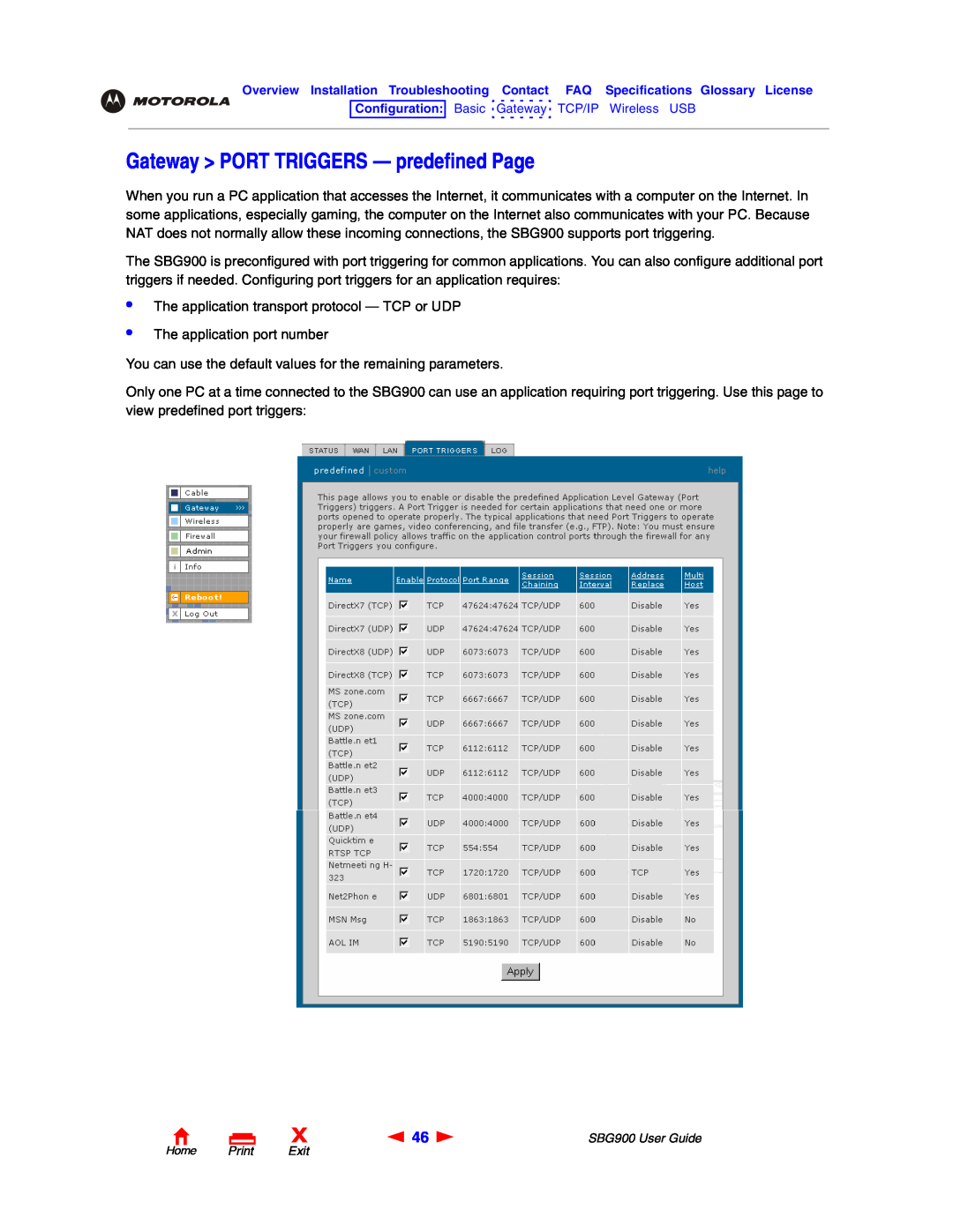 Motorola SBG900 manual Gateway PORT TRIGGERS - predefined Page 