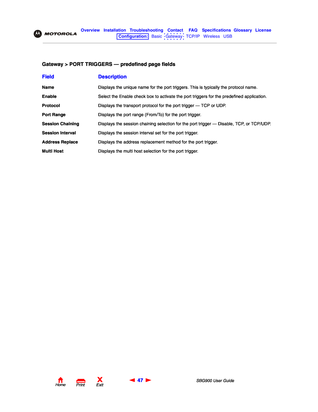 Motorola SBG900 manual Gateway PORT TRIGGERS - predefined page fields, Field, Description, Home Print Exit 