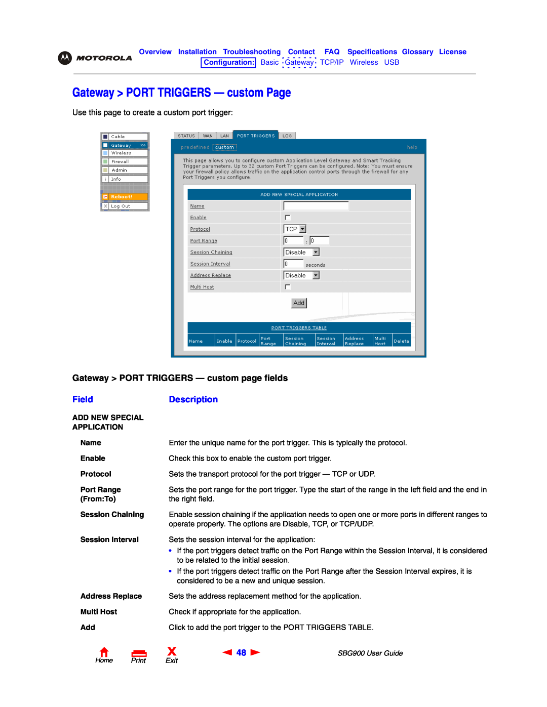 Motorola SBG900 manual Gateway PORT TRIGGERS - custom Page, Gateway PORT TRIGGERS - custom page fields, Field, Description 