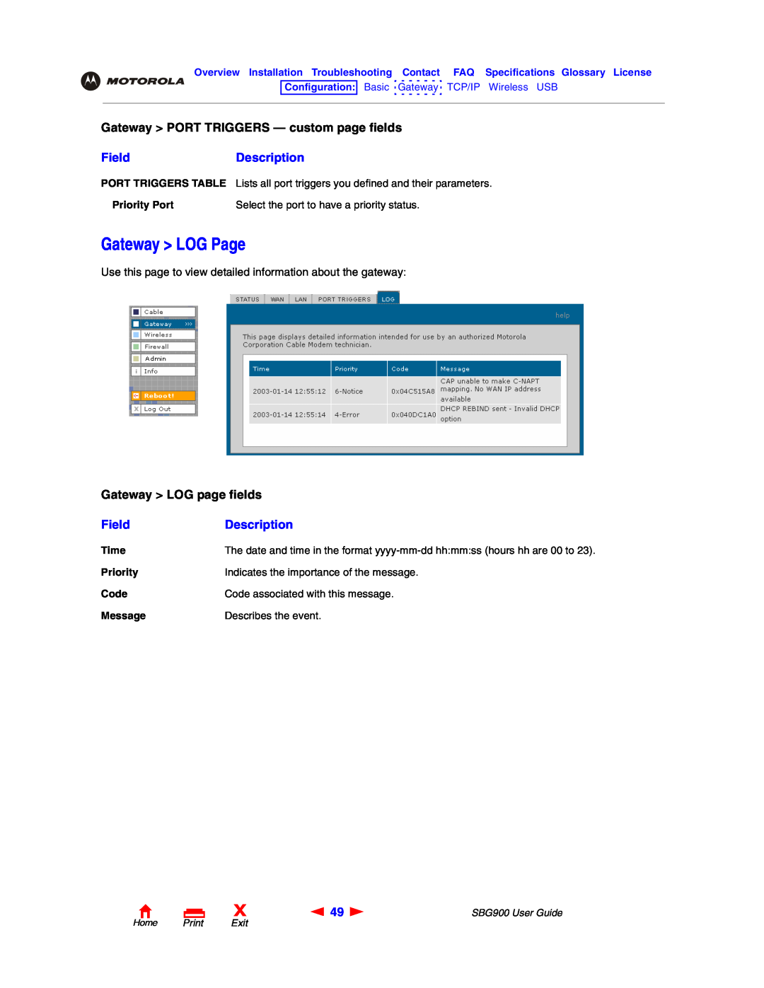Motorola SBG900 Gateway LOG Page, Gateway LOG page fields, Gateway PORT TRIGGERS - custom page fields, FieldDescription 