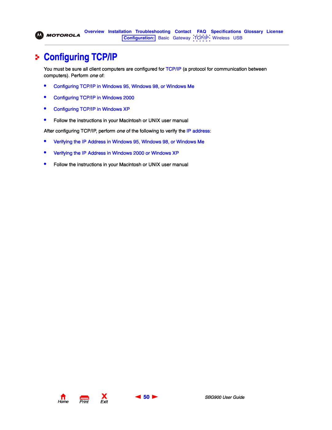 Motorola SBG900 manual Configuring TCP/IP in Windows 95, Windows 98, or Windows Me 