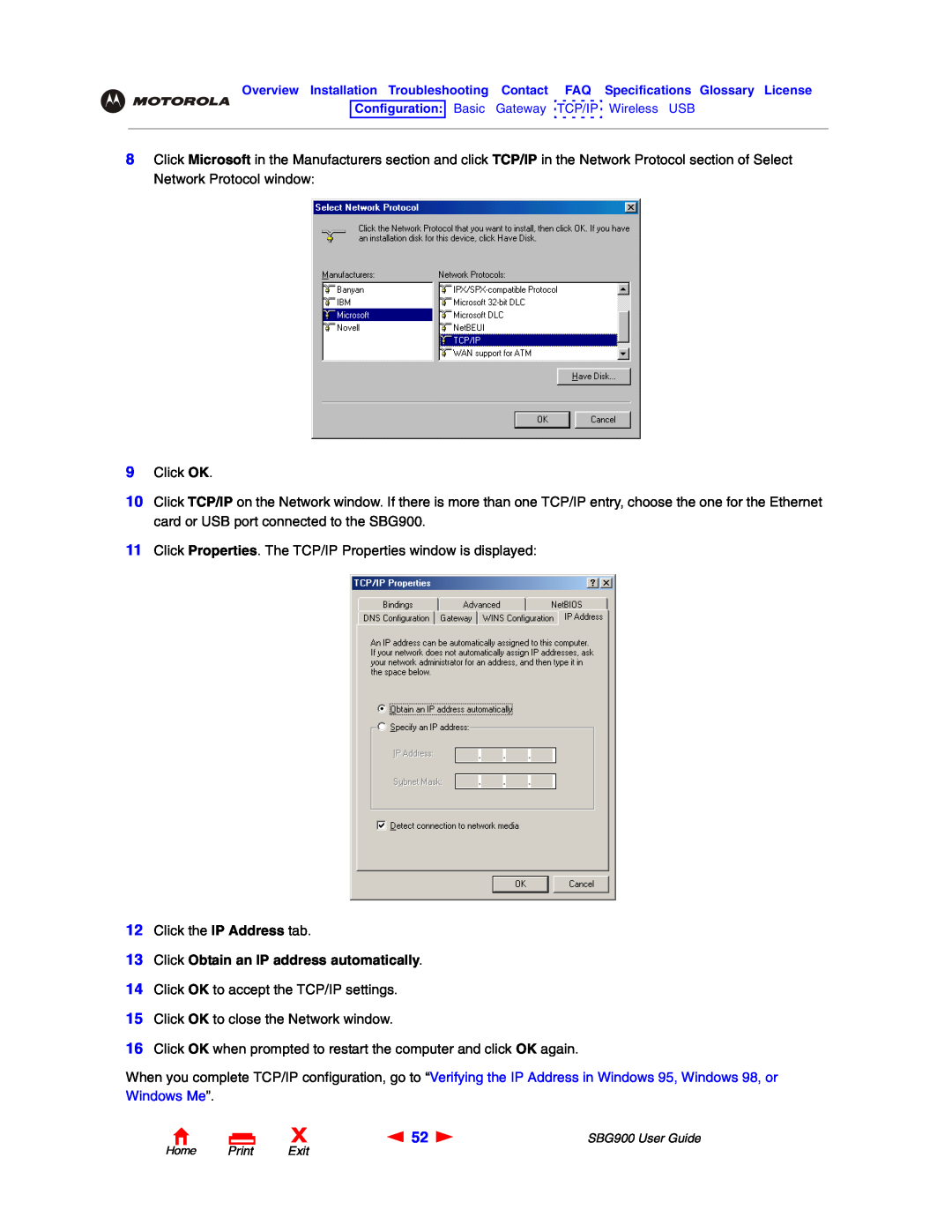 Motorola SBG900 manual Click Obtain an IP address automatically 