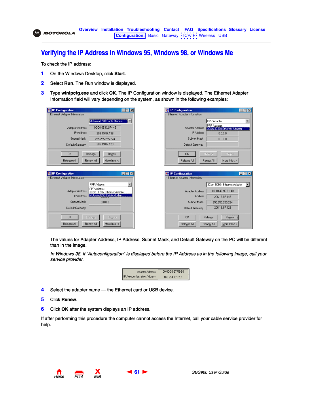 Motorola SBG900 manual Verifying the IP Address in Windows 95, Windows 98, or Windows Me 