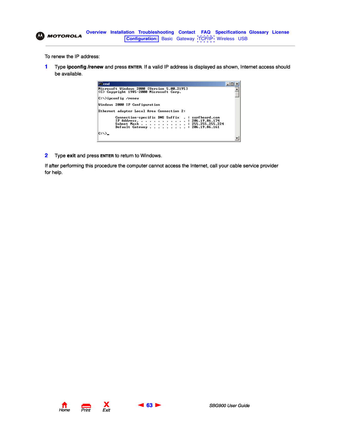 Motorola SBG900 manual To renew the IP address 