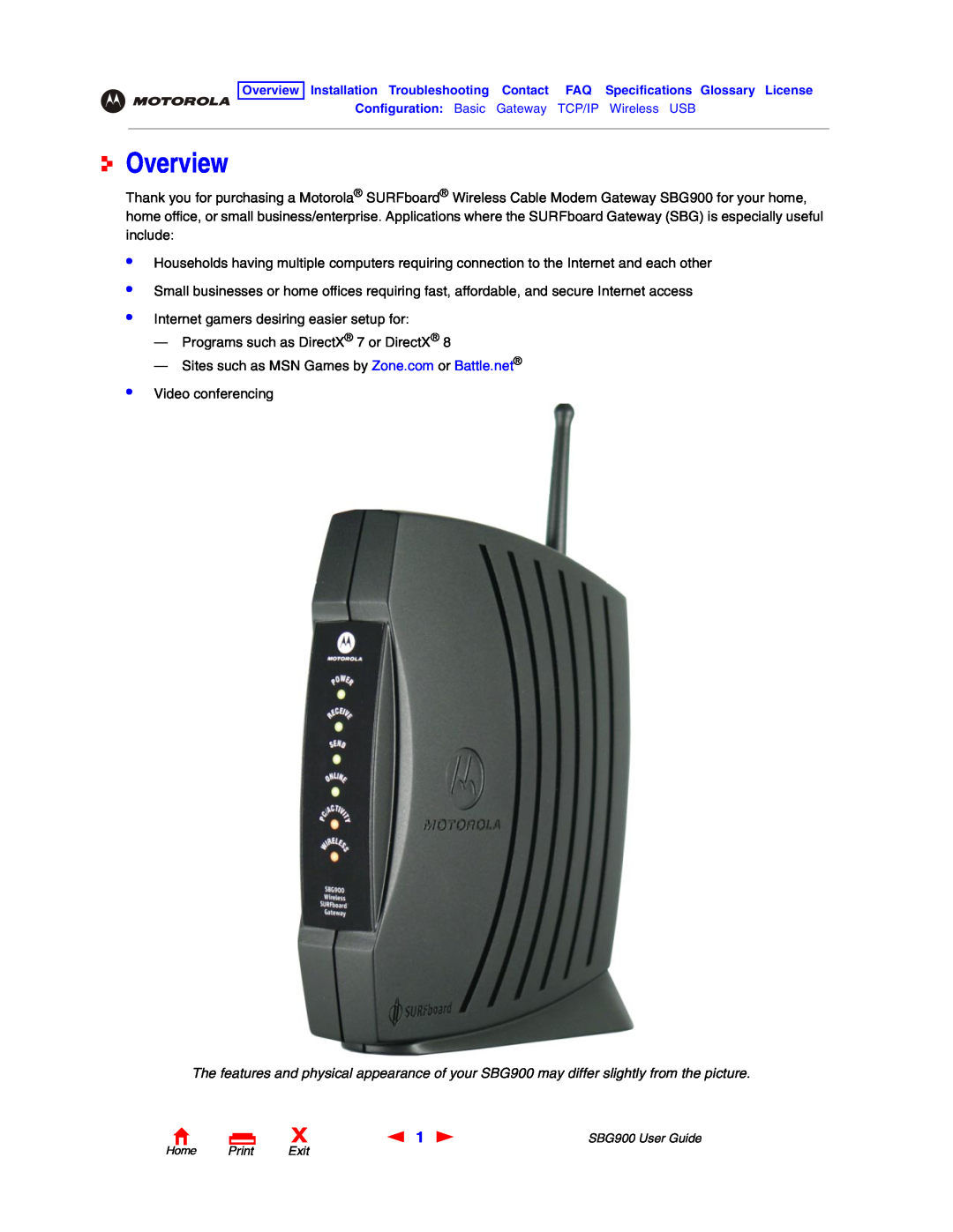 Motorola SBG900 manual Overview 