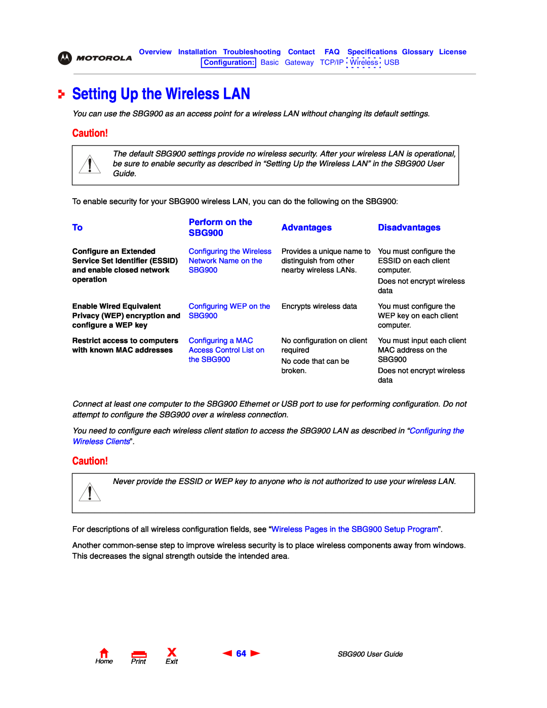 Motorola SBG900 manual Setting Up the Wireless LAN, Perform on the, Advantages, Disadvantages 