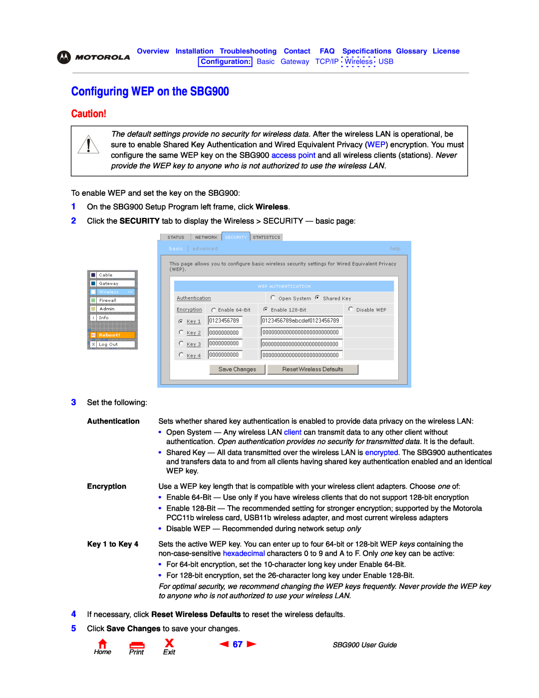 Motorola manual Configuring WEP on the SBG900, Encryption, Home Print Exit 