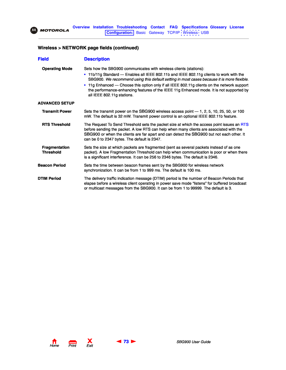 Motorola SBG900 manual Wireless NETWORK page fields continued, FieldDescription, Home Print Exit 