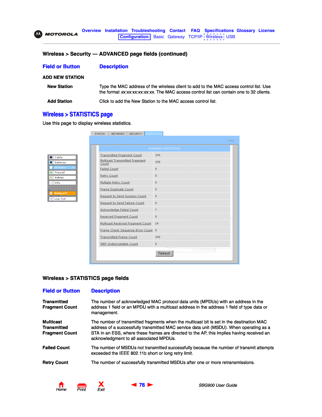 Motorola SBG900 Wireless STATISTICS page, Wireless Security - ADVANCED page fields continued, Field or Button, Description 