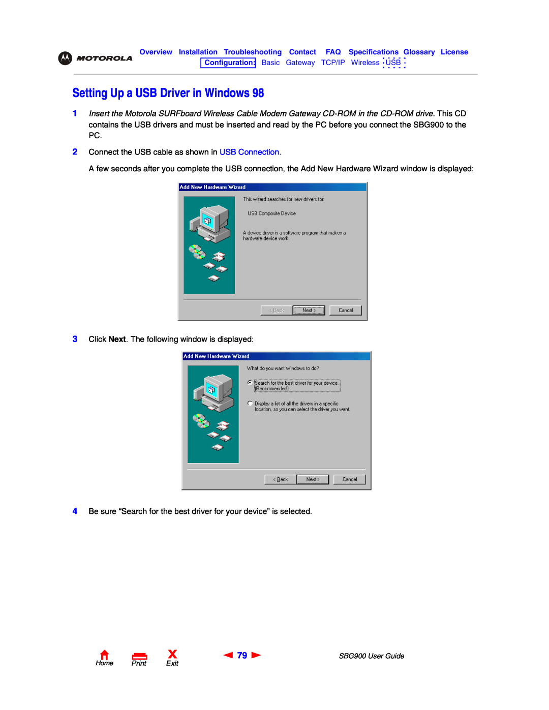 Motorola SBG900 manual Setting Up a USB Driver in Windows 