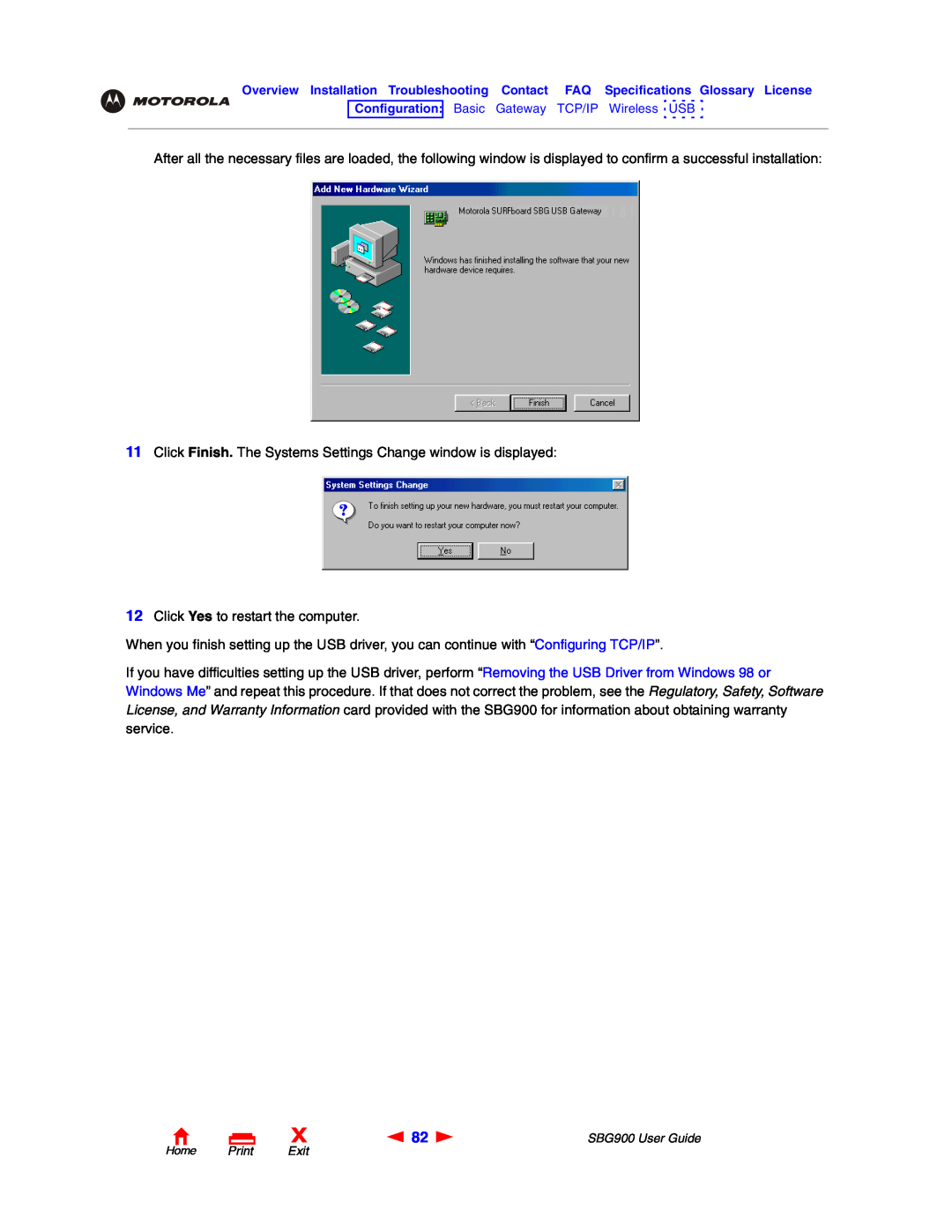 Motorola SBG900 manual Click Finish. The Systems Settings Change window is displayed 