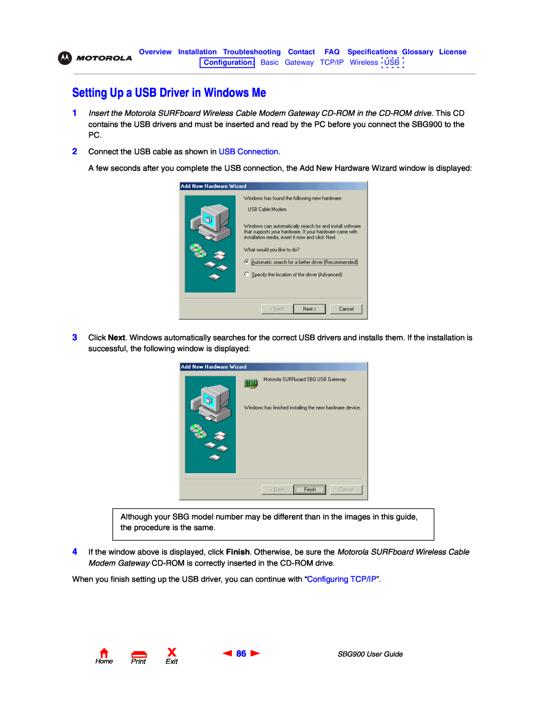 Motorola SBG900 manual Setting Up a USB Driver in Windows Me 
