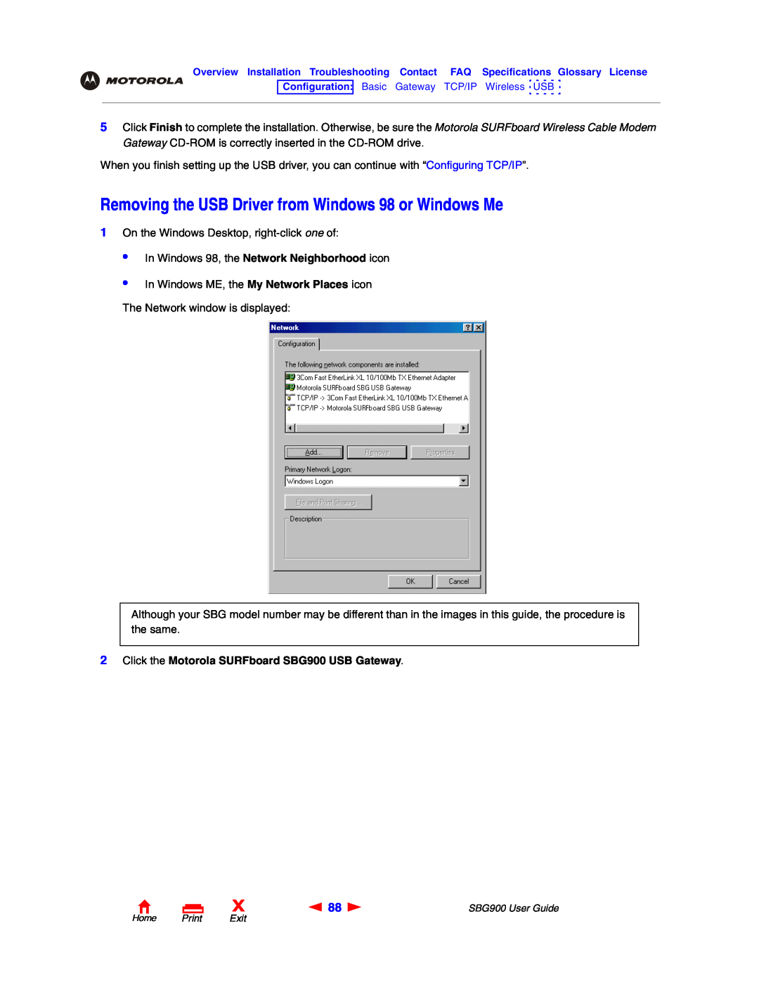 Motorola manual Removing the USB Driver from Windows 98 or Windows Me, Click the Motorola SURFboard SBG900 USB Gateway 