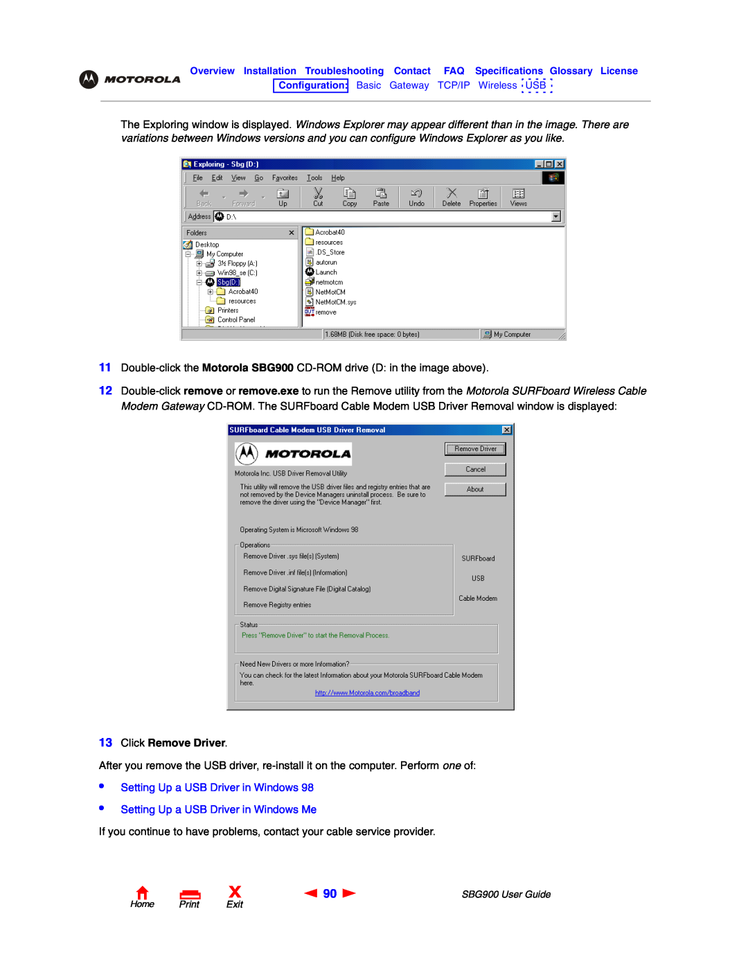 Motorola manual Click Remove Driver, Setting Up a USB Driver in Windows Me, Home Print Exit, SBG900 User Guide 