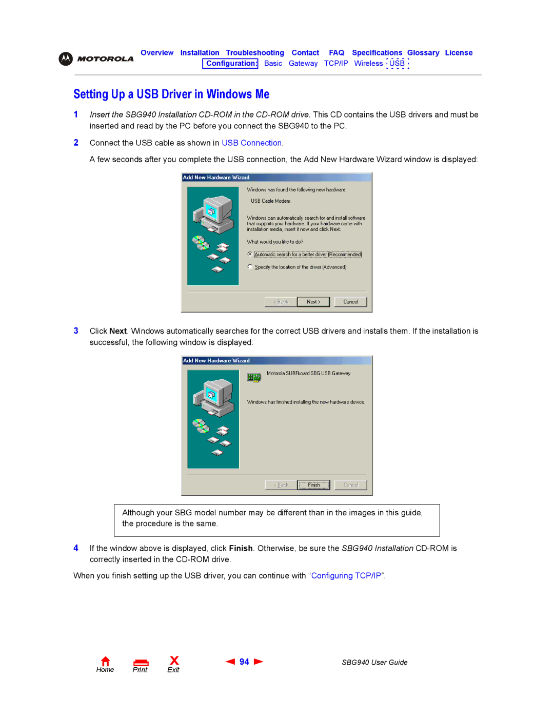 Motorola SBG940 manual Setting Up a USB Driver in Windows Me 