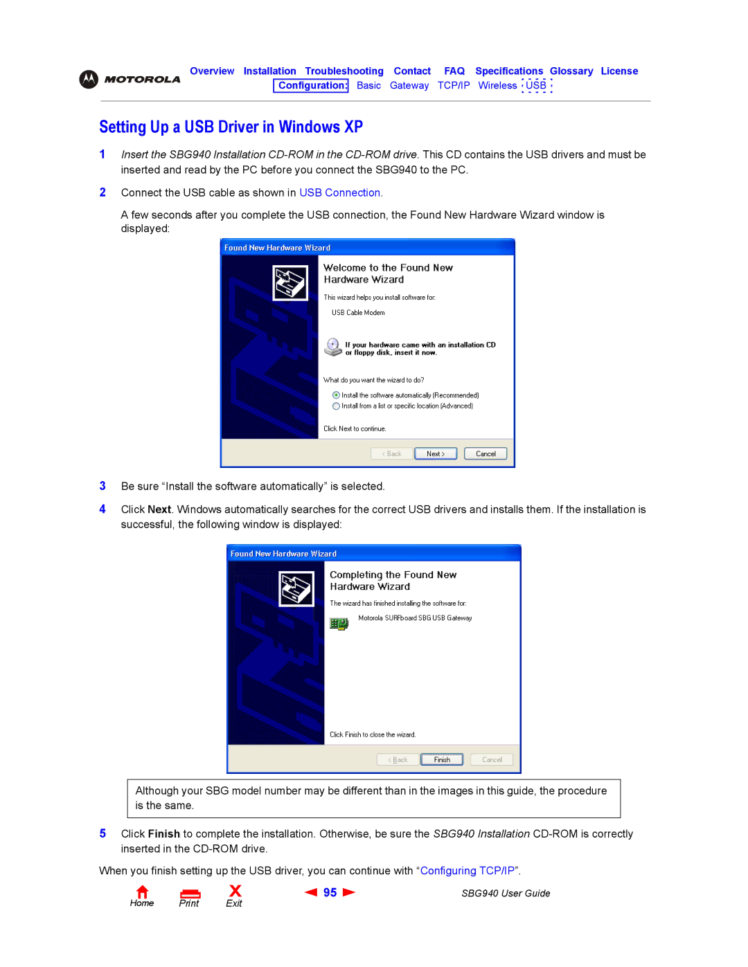 Motorola SBG940 manual Setting Up a USB Driver in Windows XP 