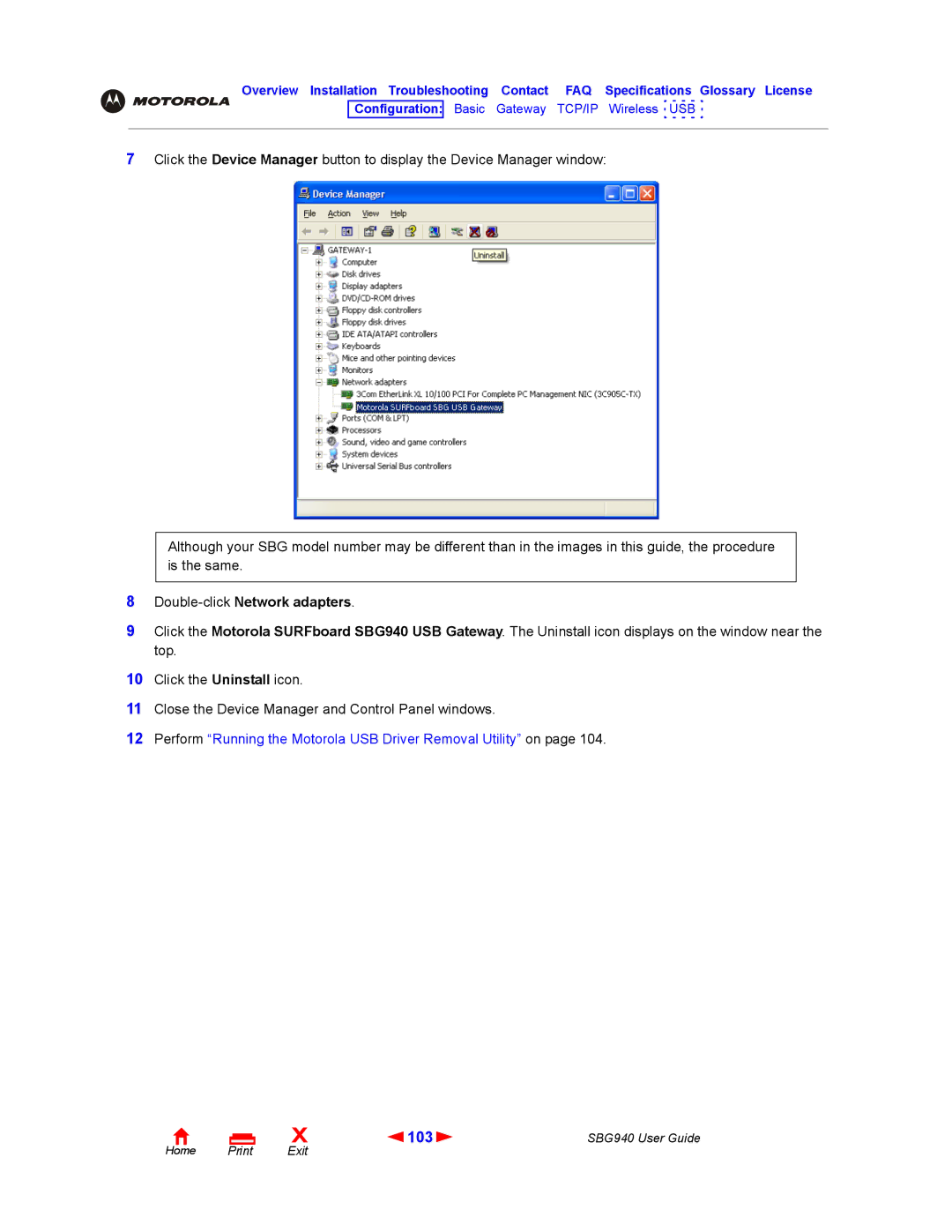 Motorola SBG940 manual 103, Double-clickNetwork adapters 