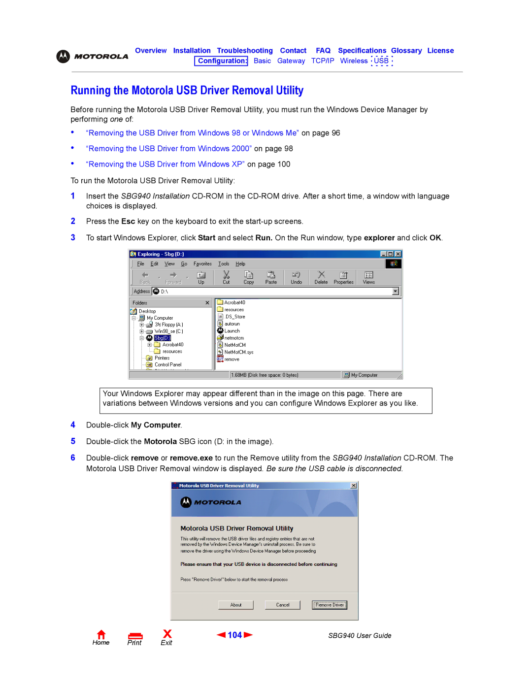 Motorola SBG940 manual Running the Motorola USB Driver Removal Utility, 104 