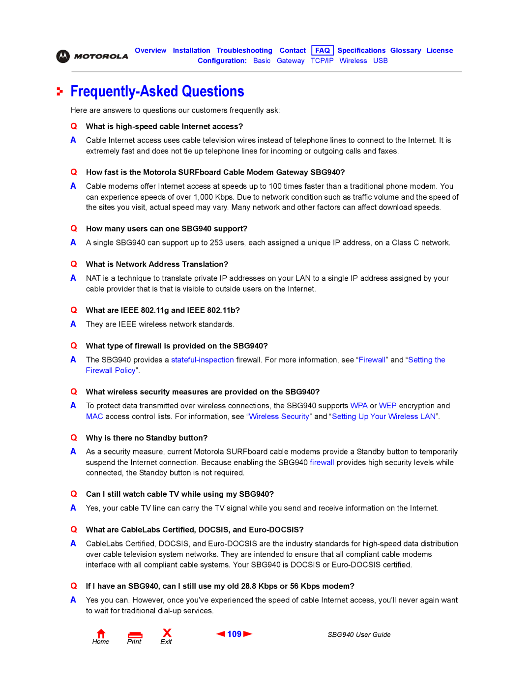 Motorola SBG940 manual Frequently-Asked Questions, 109 