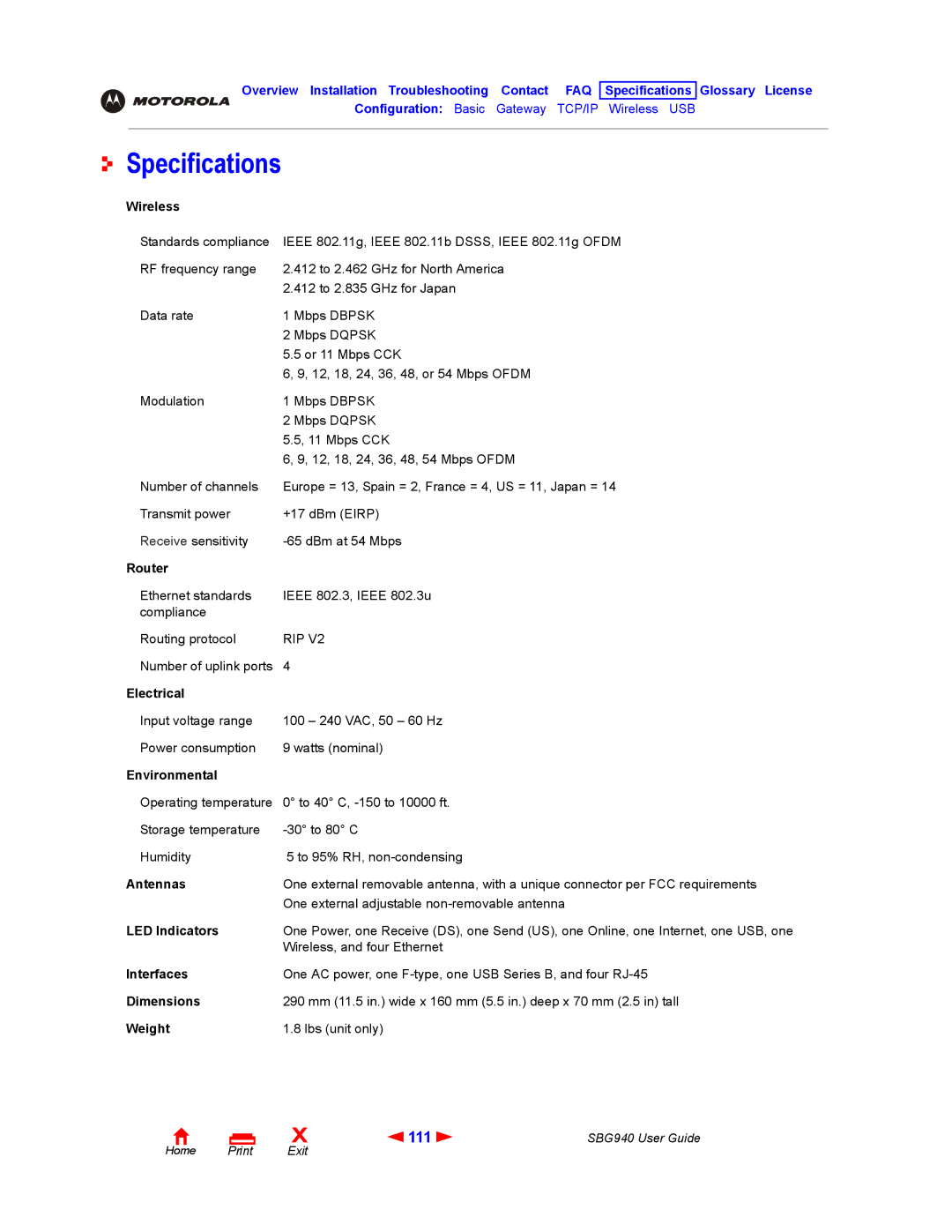 Motorola SBG940 manual Specifications, 111 