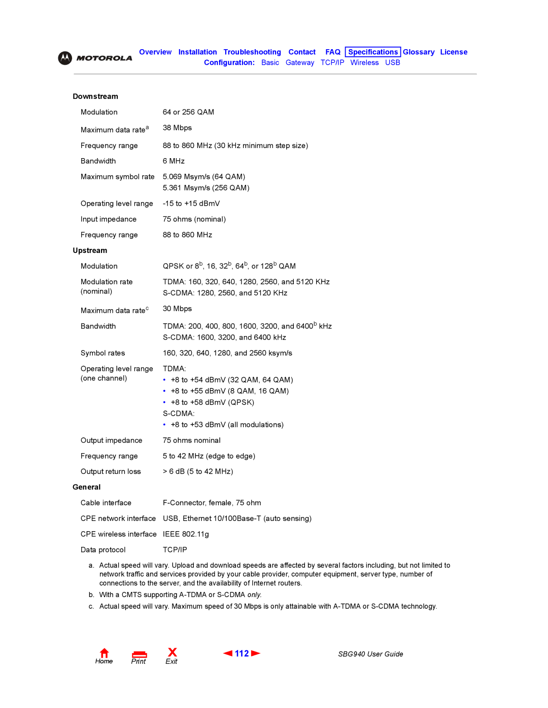 Motorola SBG940 manual 112, Downstream, Upstream, General 