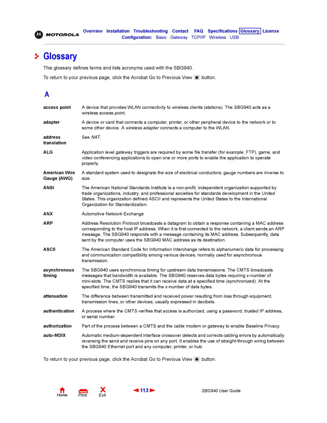 Motorola SBG940 manual Glossary, 113 