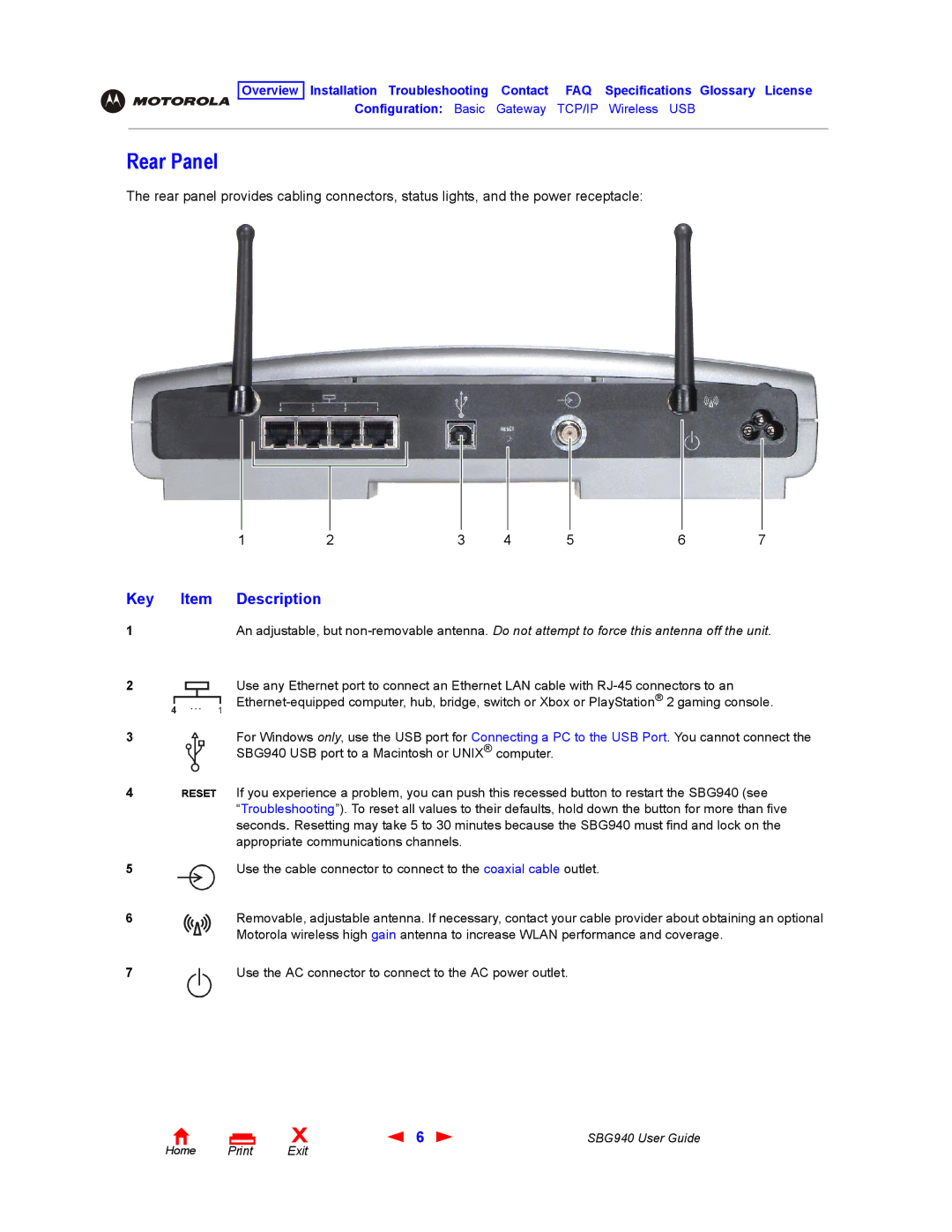 Motorola SBG940 manual Rear Panel, Key Item Description, Use the AC connector to connect to the AC power outlet 