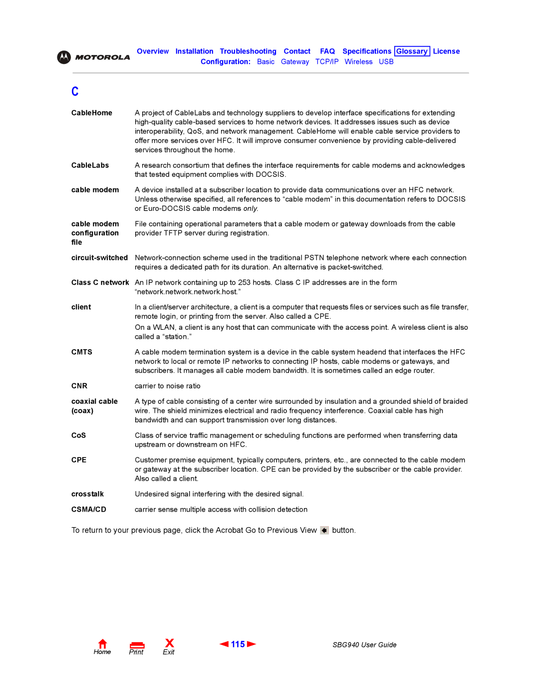 Motorola SBG940 manual 115, Cmts, Cnr, Cpe, Csma/Cd 