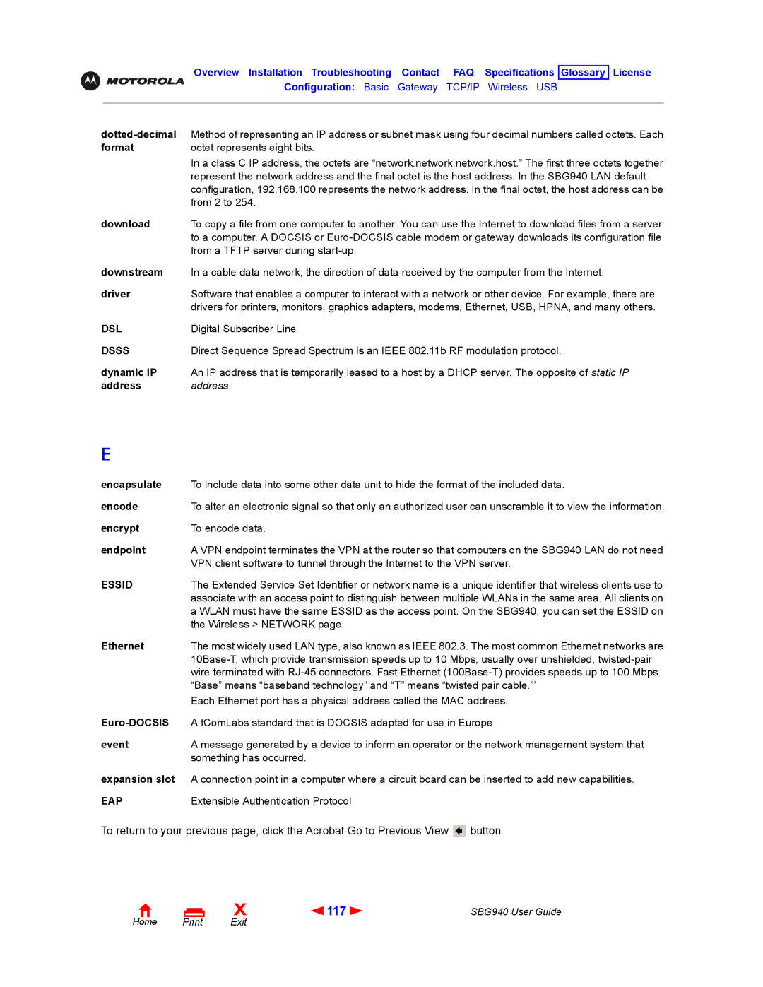 Motorola SBG940 manual 117, Dsl, Eap 