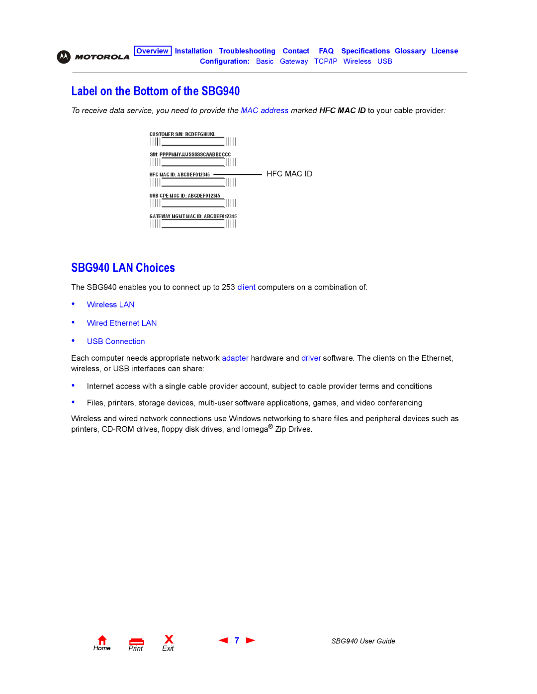 Motorola manual Label on the Bottom of the SBG940, SBG940 LAN Choices 