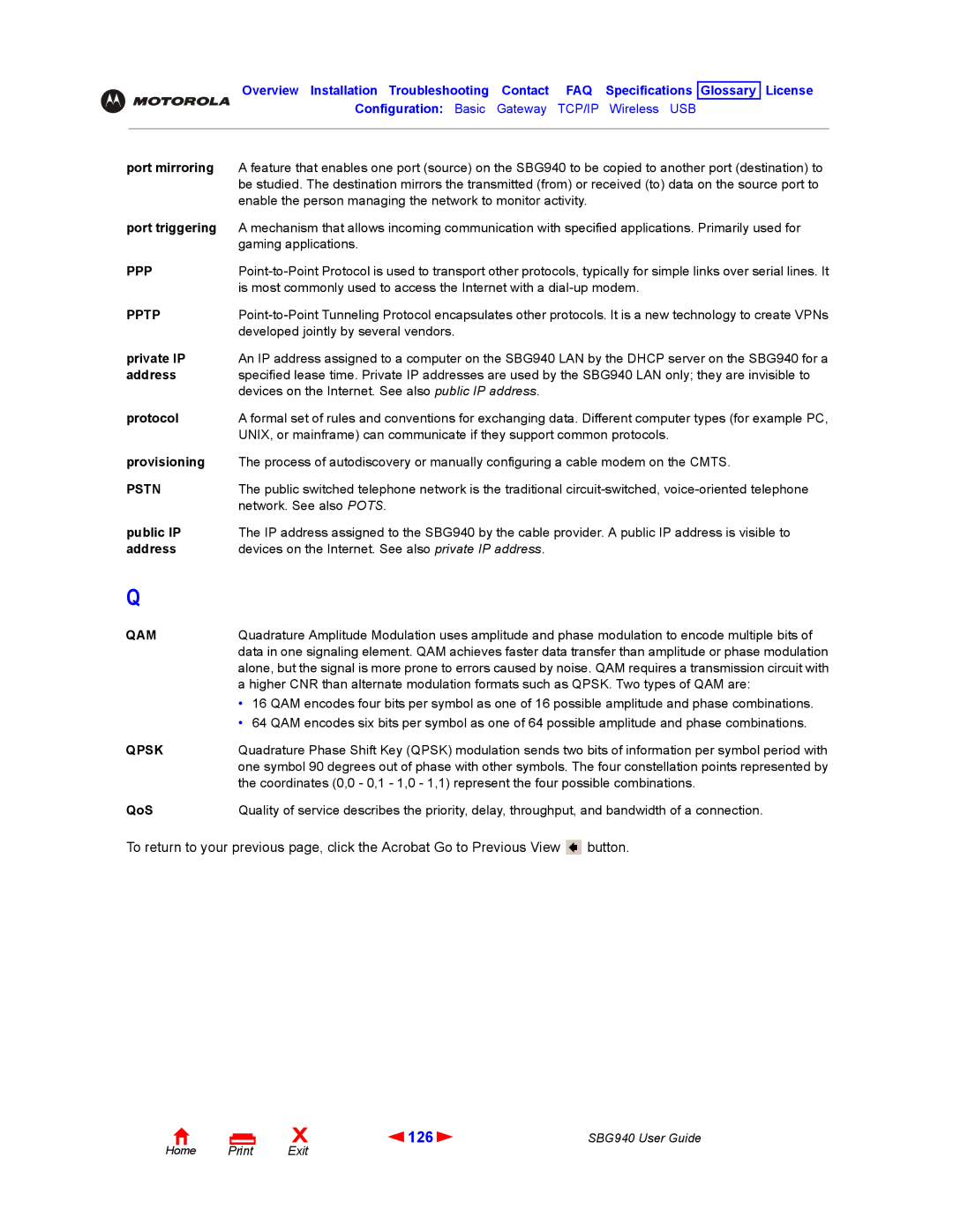 Motorola SBG940 manual 126, Pptp, Pstn, Qam, Qpsk 