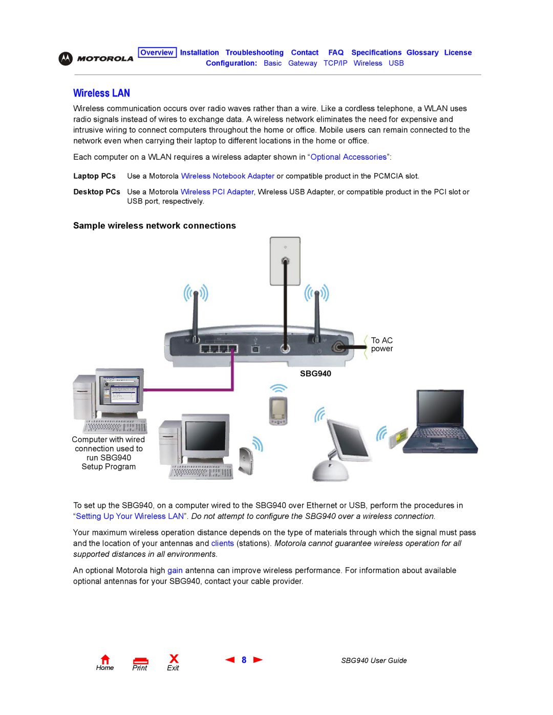 Motorola SBG940 manual Wireless LAN, Sample wireless network connections 