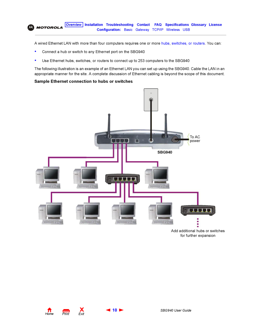 Motorola SBG940 manual Sample Ethernet connection to hubs or switches 