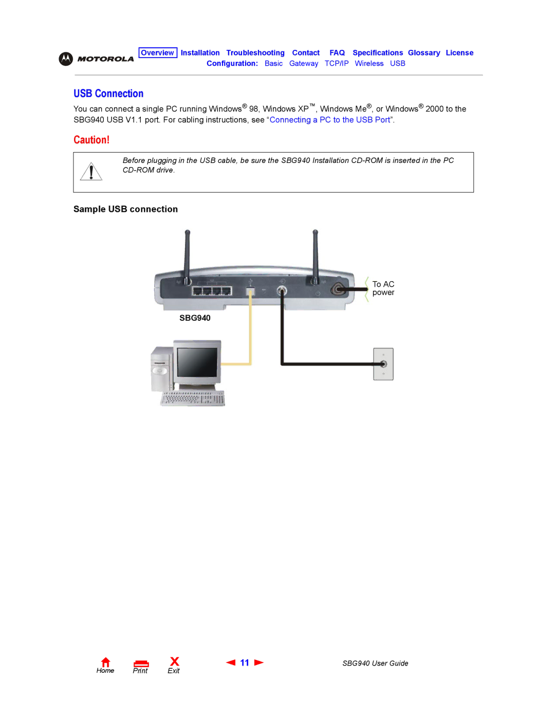 Motorola SBG940 manual USB Connection, Sample USB connection 