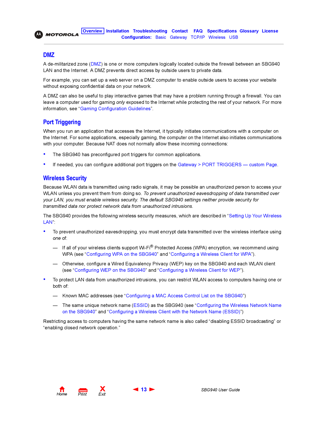 Motorola SBG940 manual Port Triggering, Wireless Security 