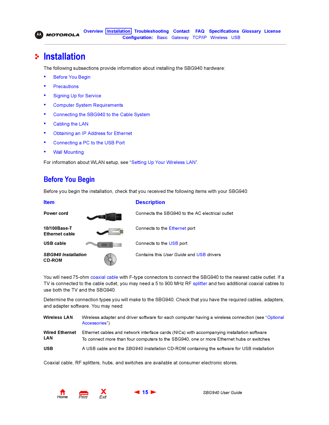 Motorola SBG940 manual Installation, Before You Begin, Description, Cd-Rom, Lan Usb 