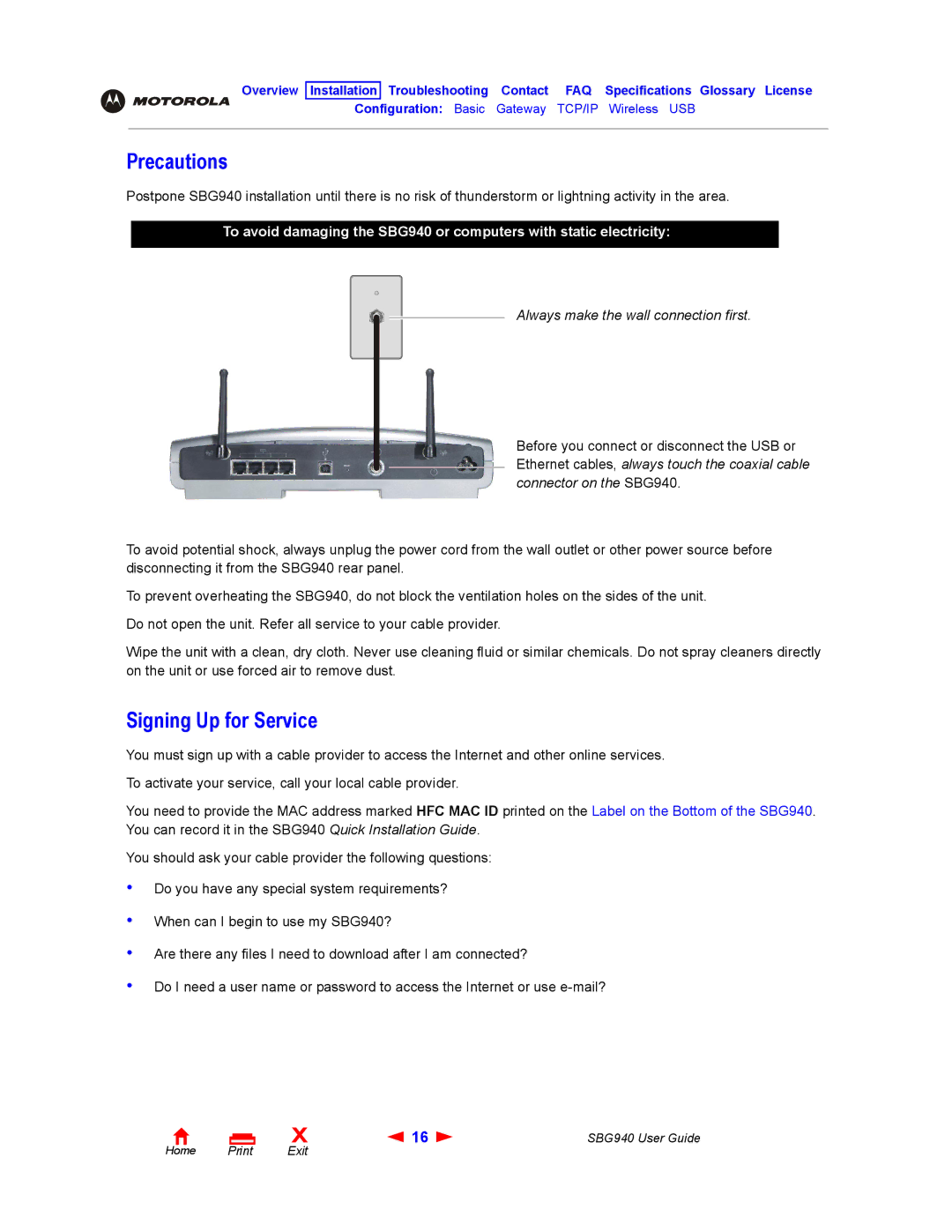 Motorola SBG940 manual Precautions, Signing Up for Service 